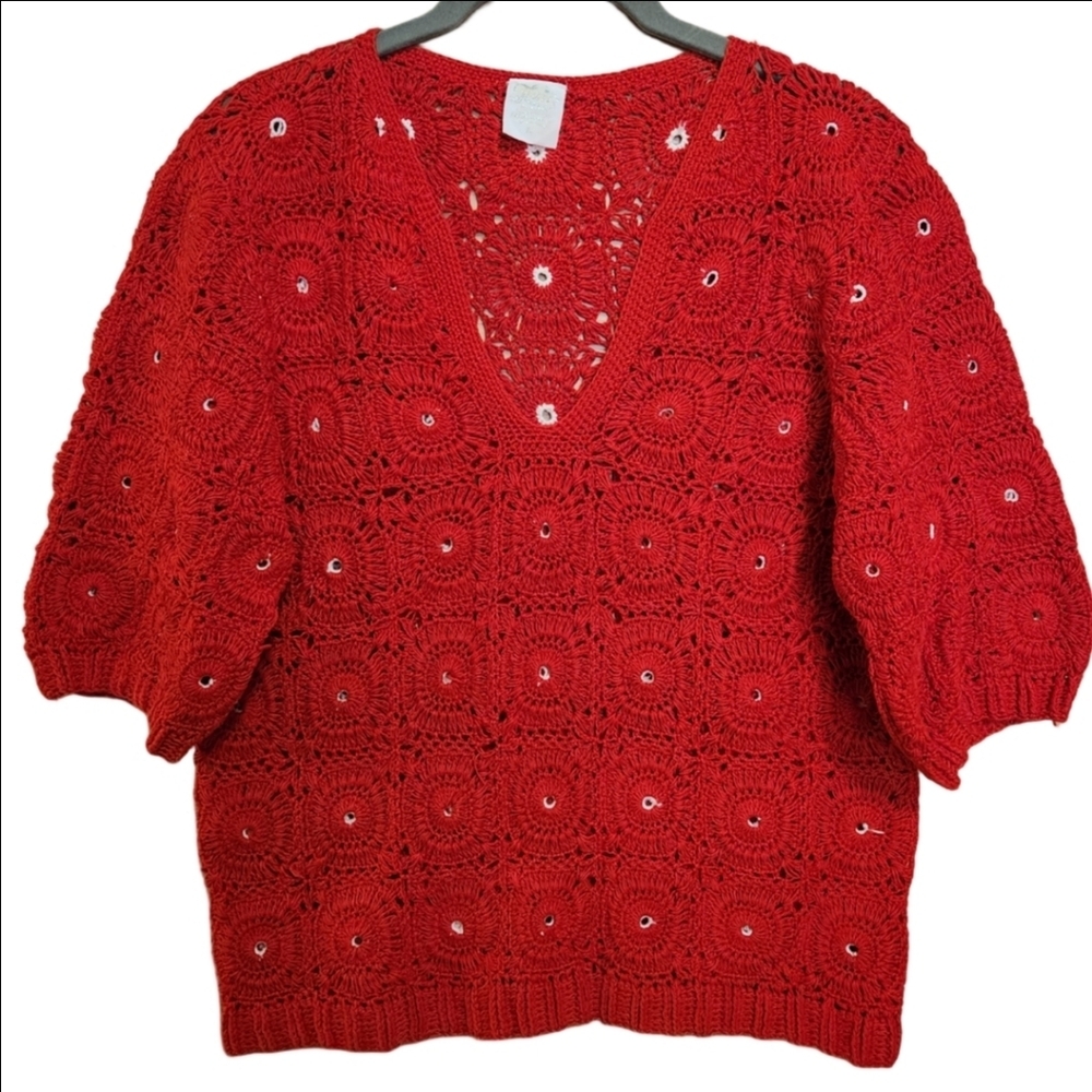 VINTAGE FLAIR GRANNY SQUARE HANDCRAFTED RED CROCHET SHORT SLEEVE SWEATER MEDIUM